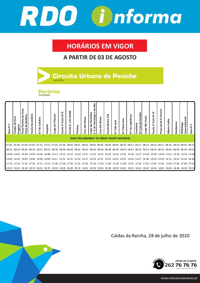 Hor&aacute;rios em vigor