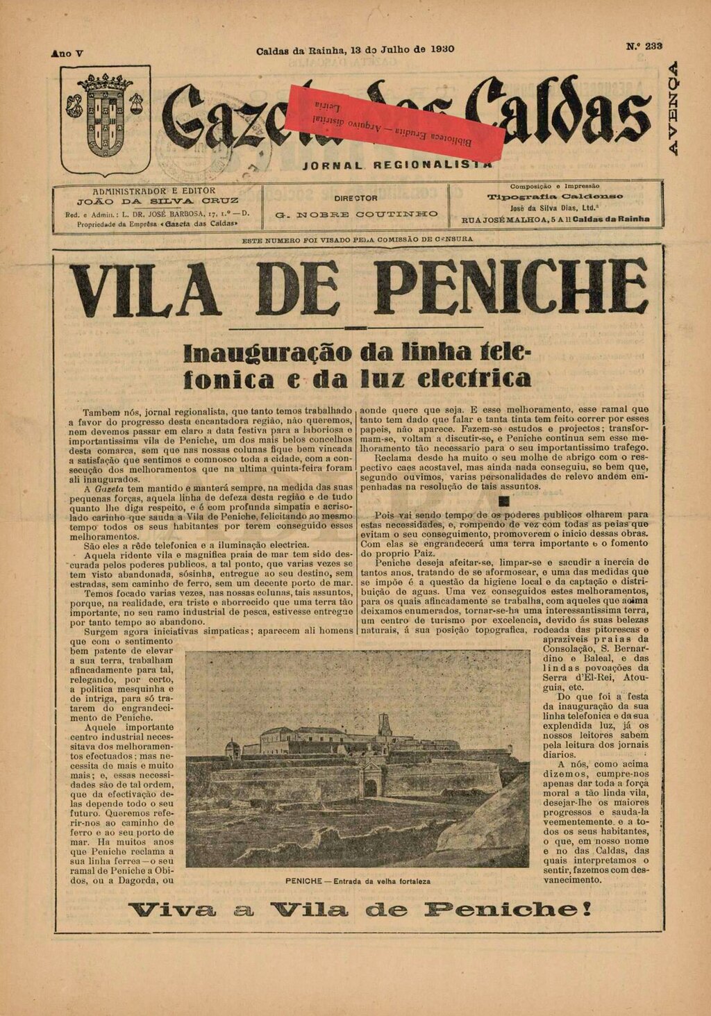 Capa do jornal Gazeta das Caldas, de 13 de julho de 1930(Arquivo Municipal de Peniche).