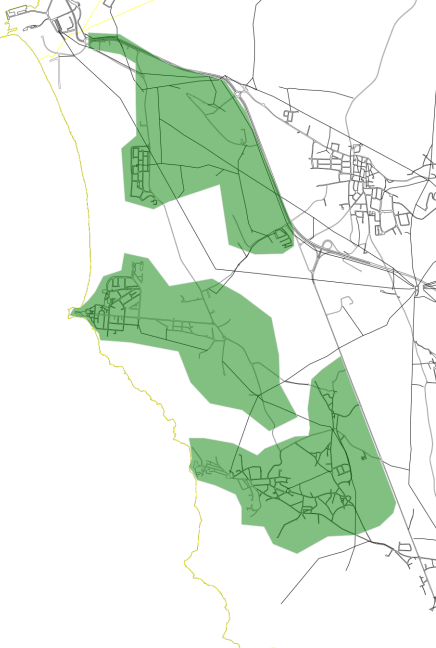 Figura 3 - Circuito 2 - &Aacute;rea geogr&aacute;fica: C. Estalagem, C. Vala., C. Moinho, C. Fonte, C. Ponte, Consola&ccedil;&atilde;o, Lugar da Estrada, Geraldes, S&atilde;o Bernardino, C. J&uacute;lio &ndash; Malha urbana