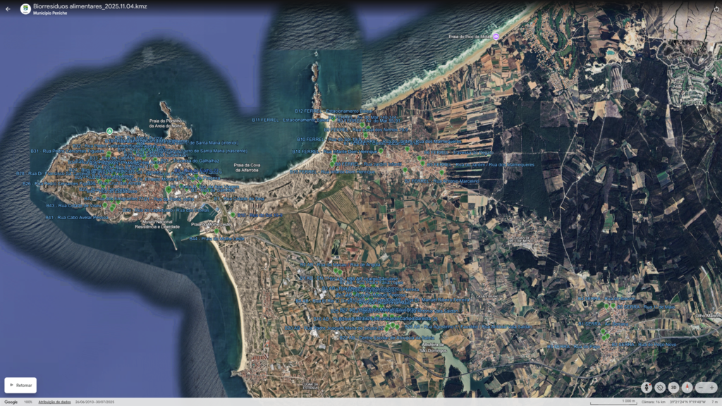 Mapa com pontos de localiza&ccedil;&atilde;o dos contentores de biorres&iacute;duos alimenares